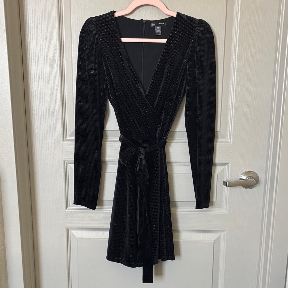 Aqua Black Long Sleeve Wrap Dress